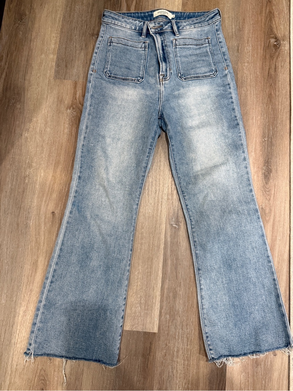 High-Rise Light Wash Wide-Leg Jeans with Front Patch Pockets